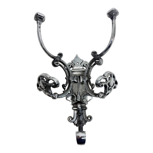 Vintage Ornate Heavy Chrome Metal Wall Mount Wall Hook Hat Coat Hallway Rack For Sale