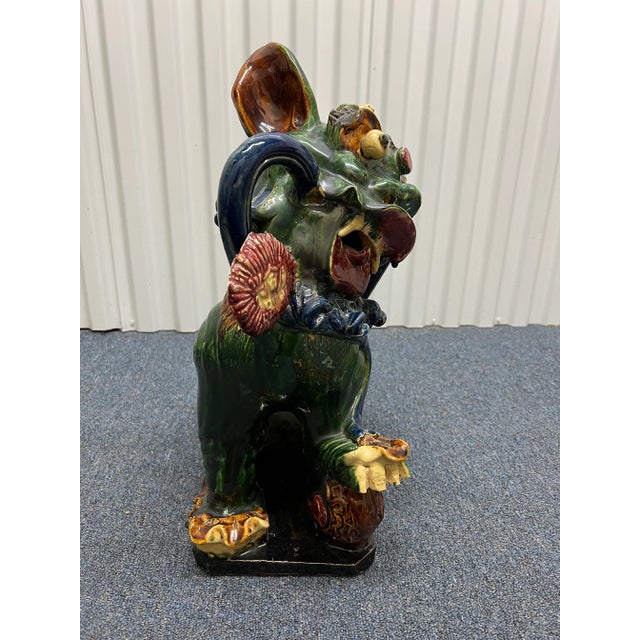 Green Antique Italian Majolica Chinese Foo Dog or Guardian Lion Sculptures- a Pair For Sale - Image 8 of 12