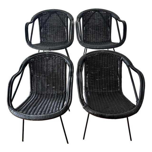 Stylish Mid Century Modern Wicker Rattan Basket Chairs Set of Four For Sale