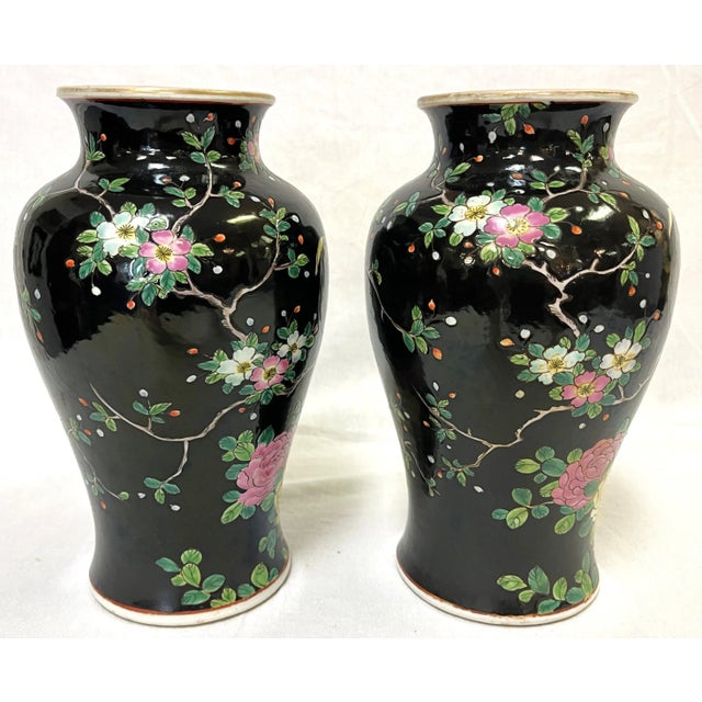 Ceramic Mid Century Chinoiserie Birds With Peonies Hand Painted Porcelain Vases- a Pair For Sale - Image 7 of 12
