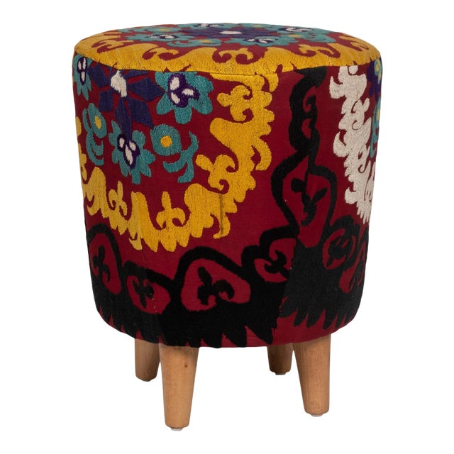 Modern Handwoven Uzbek Suzani Ottoman Footstool For Sale