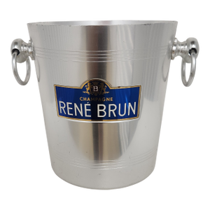 Mid-Century French René Brun Champagne Aluminum Ice Bucket – Brushed Silver Metal With Blue Label & Ring Handles