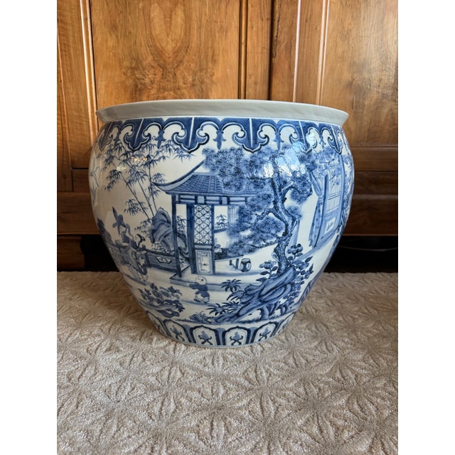 Oversized Blue & White Chinoiserie Cachepot | Grand Scale Planter For Sale - Image 4 of 10