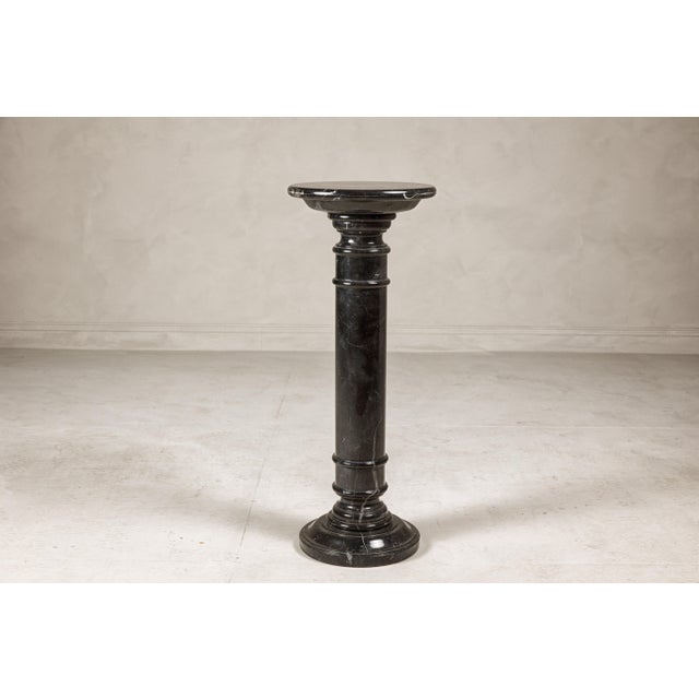 Black Vintage Black Marble Column Pedestal with White Veining and Stepped Base For Sale - Image 8 of 12