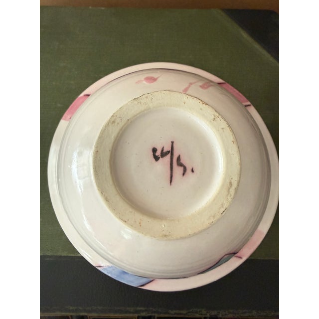 Vintage Studio Pottery Bowl 7.5 Inch Wheel Thrown Hand Painted Abstract Pink and Blue Ceramic For Sale - Image 9 of 9