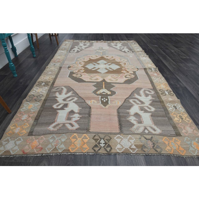 1970s 1970s Vintage Handmade Wool Cotton Brown Kilim Area Rug For Sale - Image 5 of 11