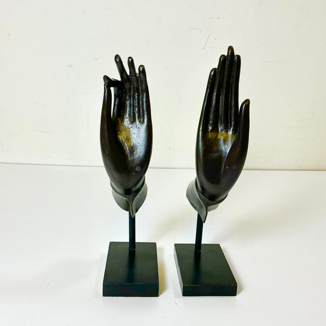 Mid-Century Asian Boho Chic Cast Metal Buddha Hands Sculpture - Set of 2 For Sale - Image 6 of 13
