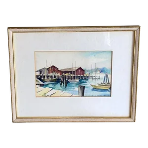 Vintage Harbor Seascape Watercolor Signed E W Ryerson