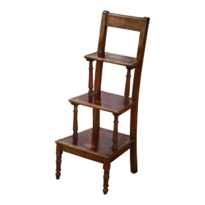 19th Century French Carved Walnut and Red Leather Three-Step Library Ladder