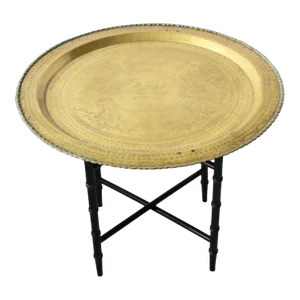 Asian Style Large Round Brass Tray Table on Folding Wood Stand Vintage Mid-Century