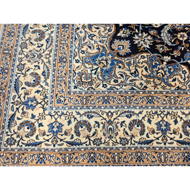 Vintage Persian Nain Area Rug, Hand-Knotted Wool & Silk, Floral Pattern, 7x11, Navy & Ivory For Sale - Image 16 of 17