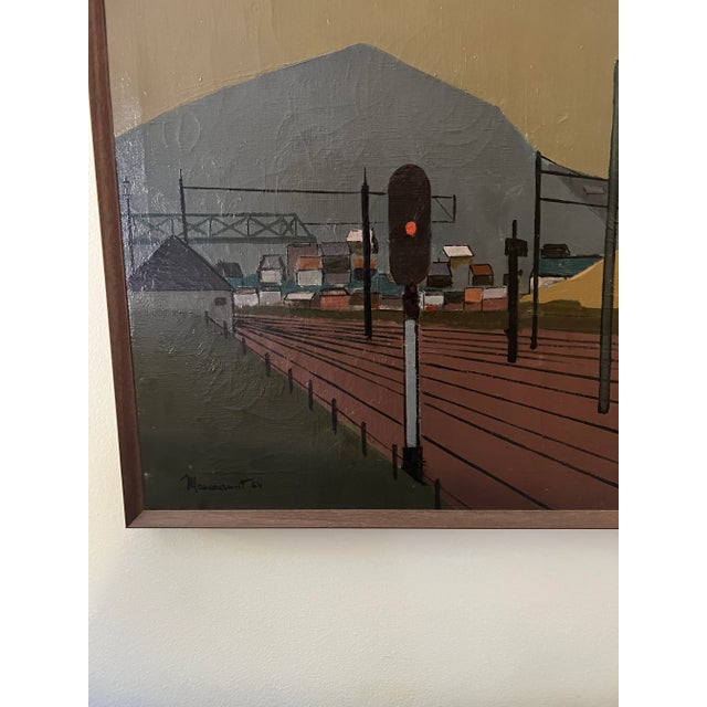 Mid-Century Modern 1964 Belgium French Vintage Mid Century Landscape Oil Painting Titled "La Ligne 130" (The Line 130) by Jean Maucourant For Sale - Image 3 of 10