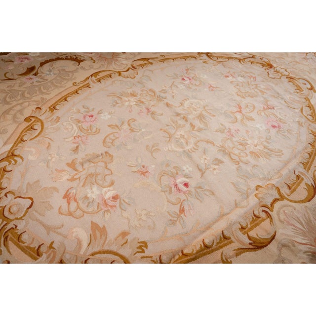 Beige 9x12 Vintage Aubusson Flat Weave Wool Rug, Beige Rose Medallion For Sale - Image 8 of 13