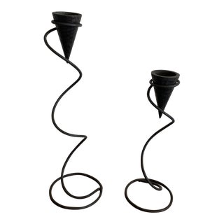 On Hold for Geoff - Vintage 1980s Black Rod Iron Candle Holders - Set of 2 For Sale