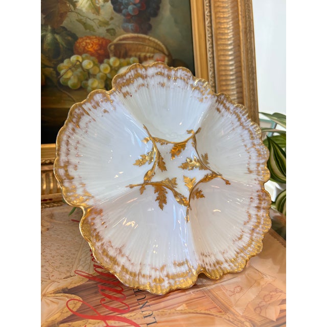White Antique Limoges Porcelain Oyster Plate With Gold Gilt Details For Sale - Image 8 of 16