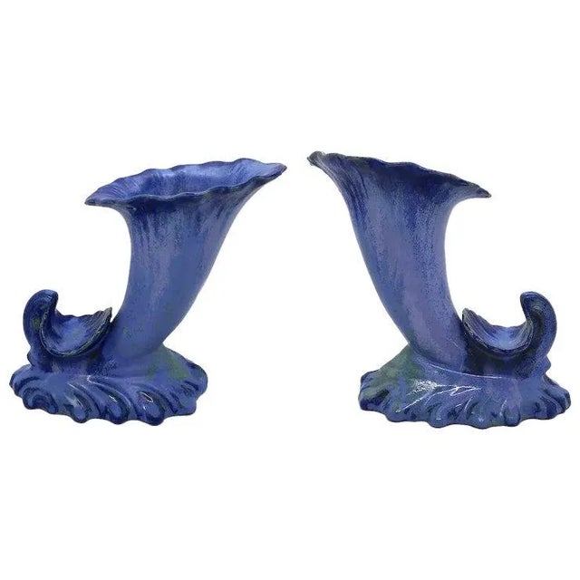 American Fulper Pottery Blue Flambe Crystalline Cornucopia Vases - A Pair For Sale - Image 13 of 13