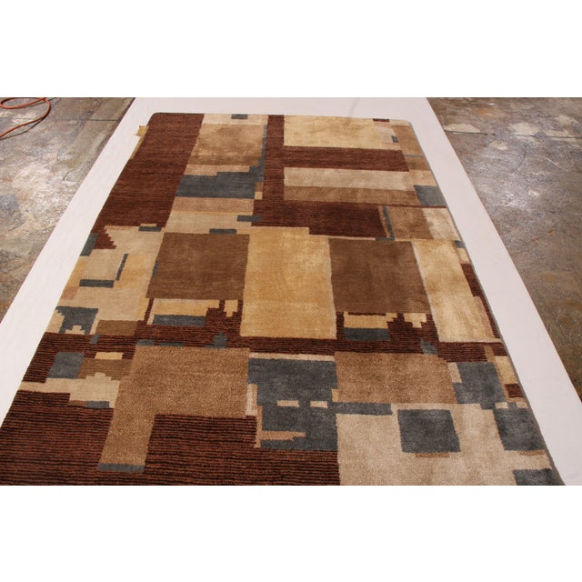 Hand-Knotted Art Deco Rug Beige Brown Blue Cubist Pattern by Rug & Kilim For Sale - Image 9 of 9