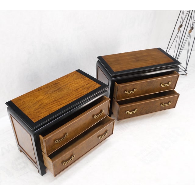 Pair Burl Wood Black Lacquer Solid Brass Drop Pull 2 Drawer Night Stands MINT! For Sale - Image 12 of 16