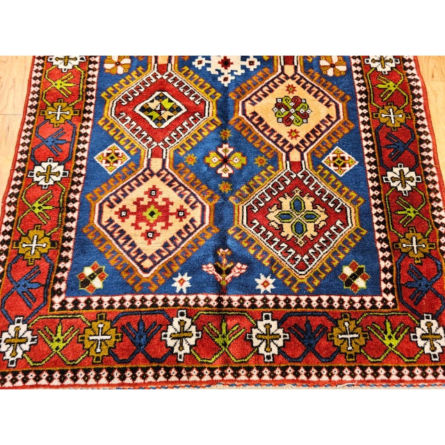 Vintage Persian Shiraz Yalameh Tribal Area Rug, Hand-Knotted Wool, Allover Geometric Pattern, Blue & Red, 3x5 For Sale - Image 12 of 17