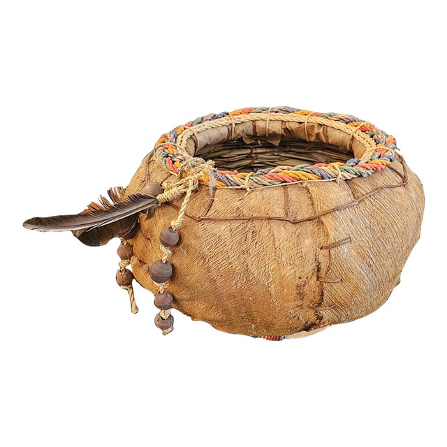 Vintage Native American Style Handwoven Fiber Basket With Feather & Beaded Details For Sale