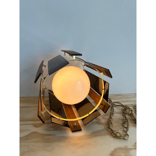 1970s Mid-Century Modern Swag Lamp Light With Smoked Lucite & Wood Panels For Sale In Phoenix - Image 6 of 12