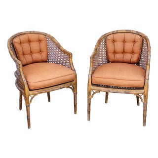 Vintage Faux Bamboo Caned Barrel Armchairs Pair McGuire Style For Sale