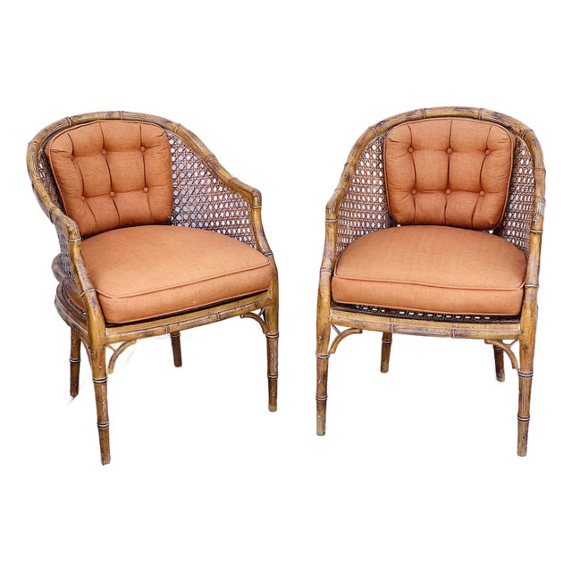 Vintage Faux Bamboo Caned Barrel Armchairs Pair McGuire Style For Sale