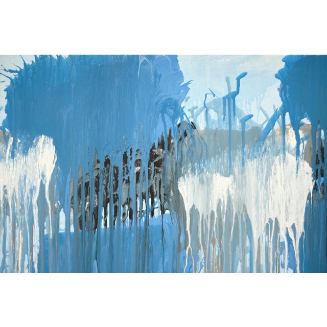 Paint "Blue Clouds Grey" Large Abstract Triptych Acrylic Painting by Simon Findlay For Sale - Image 7 of 13