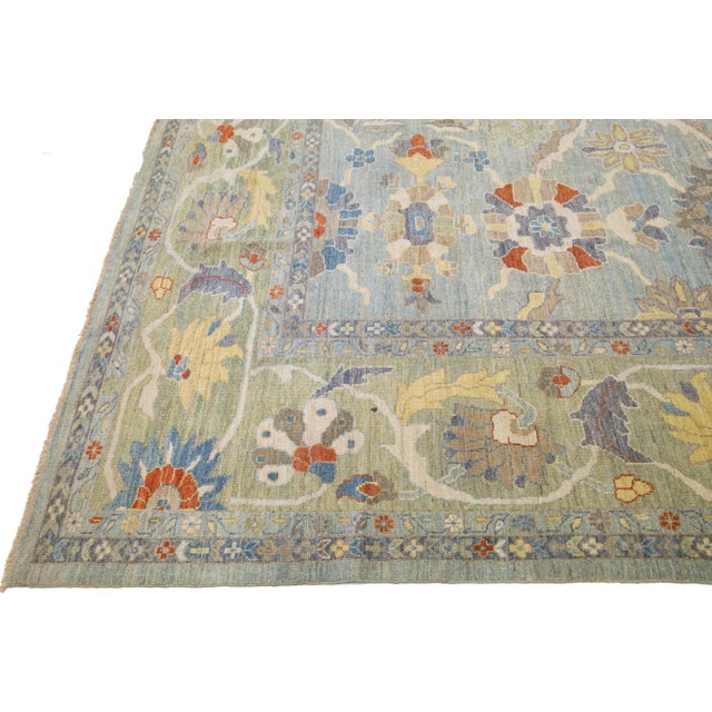 Modern Sultanabad Blue Handmade Floral Wool Rug For Sale - Image 4 of 11