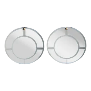 Pair, Karl Springer Style Round Saturn Wall Mirror Beveled Glass Panels Midcentury