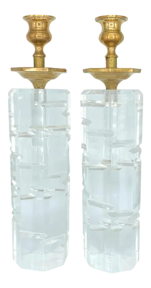 Vintage Thick Lucite and Brass Candle Holders by Josh Lazar Mid Century Modern