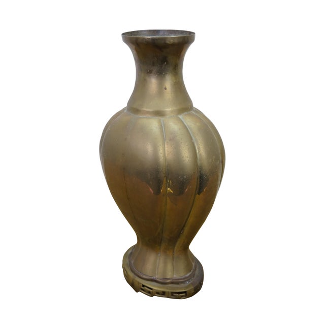 Chinoiserie Large Mid Century Chinese Chinoiserie Brass Greek Key Mantel Vase Urn 16" For Sale - Image 3 of 13