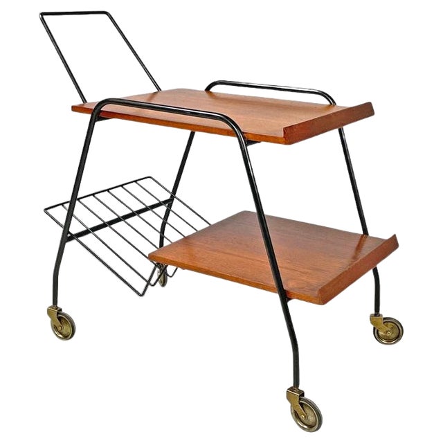 Mid-Century Modern Italian Wood and Black Metal Trolley with Brass Wheels, 1960s For Sale