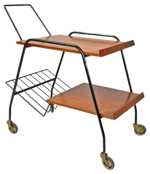 Mid-Century Modern Italian Wood and Black Metal Trolley with Brass Wheels, 1960s