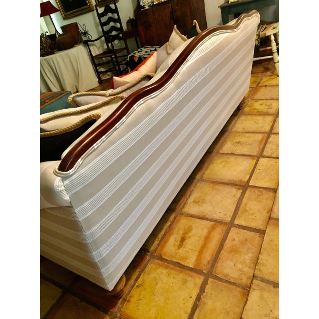 American Vintage Camel Back Sofa With Wood Trim and New Upholstery For Sale - Image 3 of 13