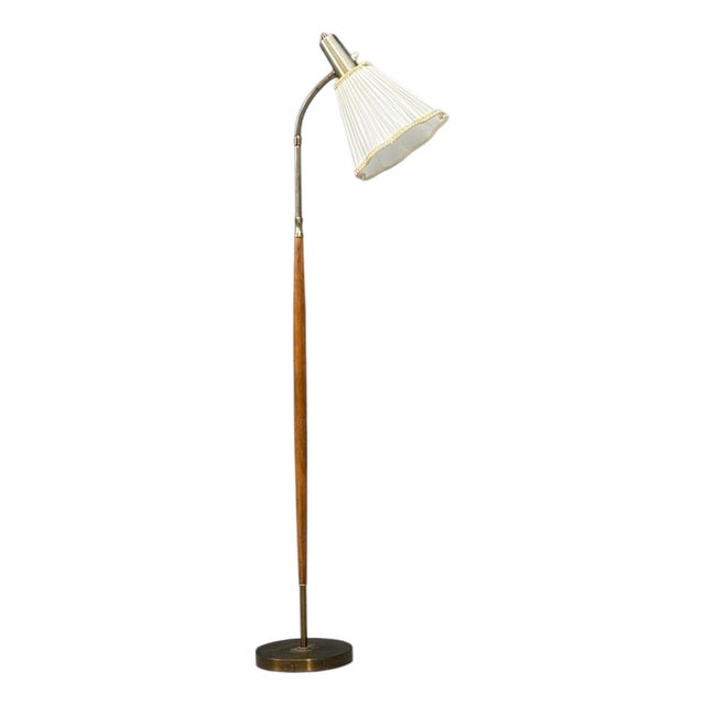 1960s Armaturhantverk Tibro, Floor Lamp, Teak, Brass, Silk For Sale