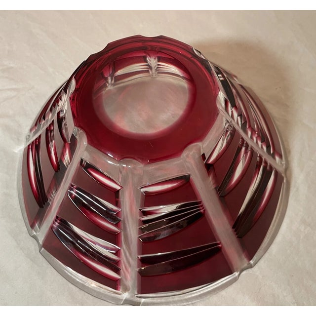 Vintage Bohemian Czech Centerpiece Cranberry Red Cut to Clear Glass Crystal Bowl For Sale - Image 12 of 12