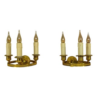 Empire French Brass and Bronze Three-Light Wall Sconces, 1920s, Set of 2 For Sale