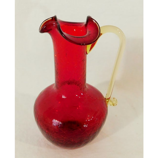 Small Blenko Red Crackle Glass W/ Applied Yellow Handle Syrup Pitcher or Vase For Sale - Image 9 of 9