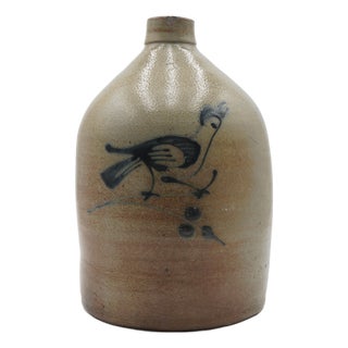 Antique Blue Stoneware Crock Jug W. Handle W. Bird For Sale