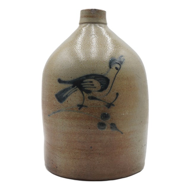 Antique Blue Stoneware Crock Jug W. Handle W. Bird For Sale