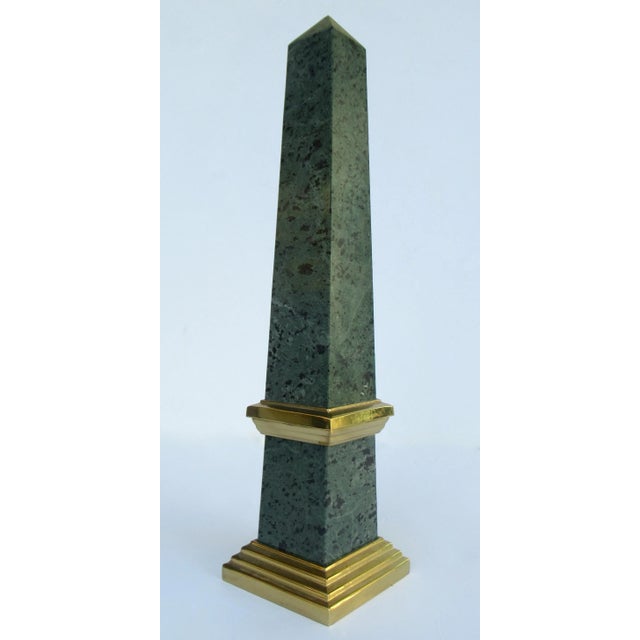 1970s C.1970's Moss Green With Charcoal and Gray Veined Large Obelisk With Brass Tiered Detailed Surround For Sale - Image 5 of 13