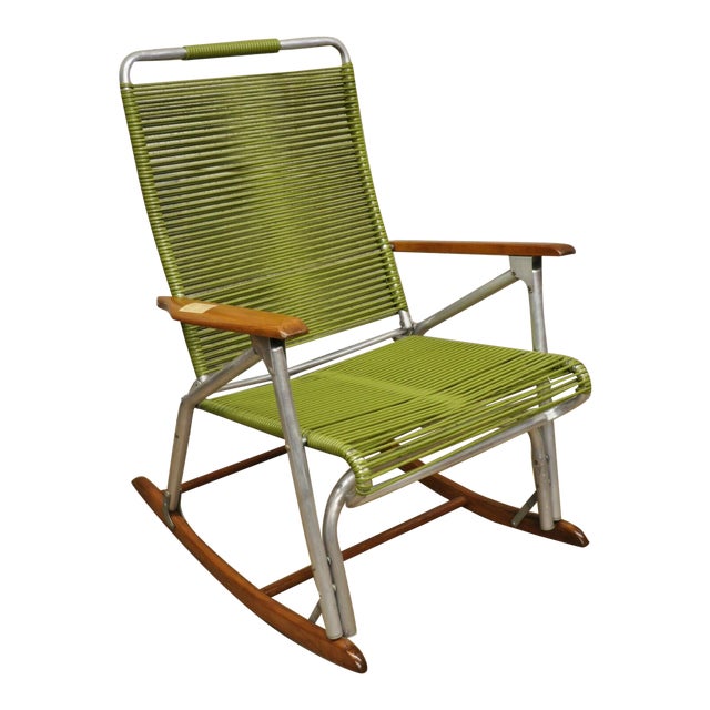 Vintage Folding Telescope Furniture Green Vinyl Strap Rocking Chair