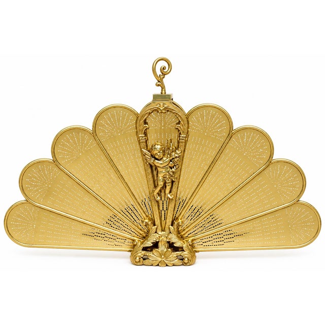 Metal Brass Fireplace Screen Peacock Fan With Cherub Detail – Large, Polished Vintage For Sale - Image 7 of 11