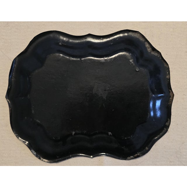 Antique Chinoiserie toleware tray, japanned tin, early–mid 19th century. Shallow rectangular tray with serpentine rim,...