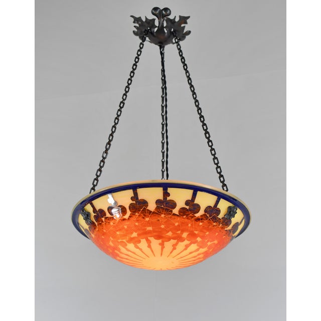 Charles Schneider - Le Verre Français A wonderful French art deco hanging fixture in wrought iron with a nice Schneider Le...