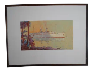 Early 20th Century "Cruise Ship in Hawaii" Gouache Painting by Thomas Hill McKay, Framed