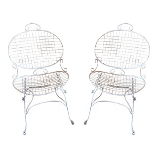 Mid 20th Century Painted White Ornate Metal Garden Chairs Set of 2 For Sale