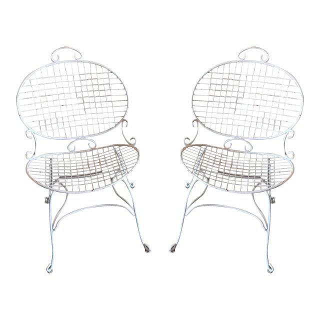 Mid 20th Century Painted White Ornate Metal Garden Chairs Set of 2 For Sale