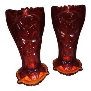 Pair of Nortec Vases Le Smith Amberina Glass Red Orange Amber 1900's Iridescent Star For Sale